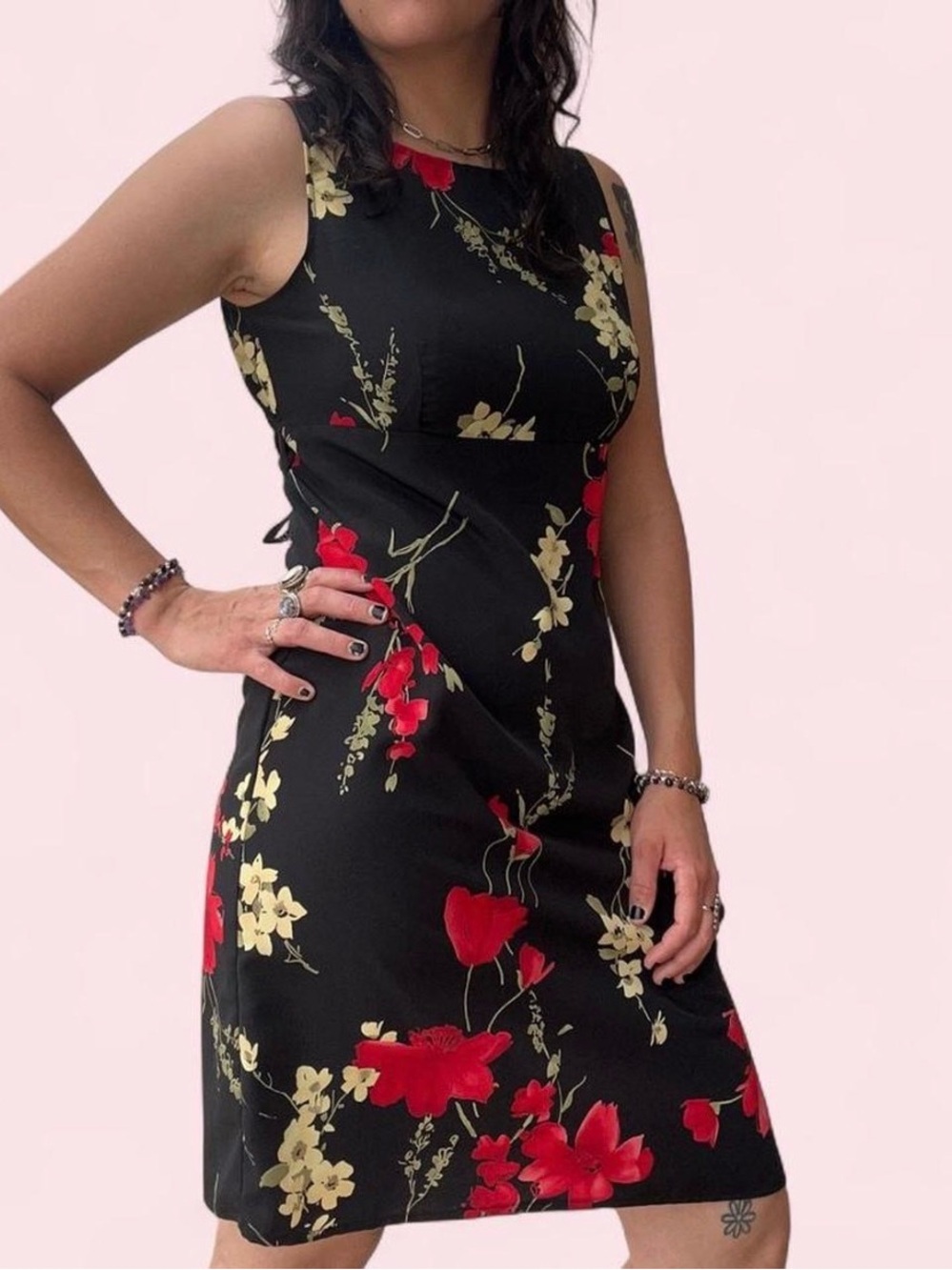 Black Floral Sheath Dress with Red & Cream Blooms - Picture 3 of 7
